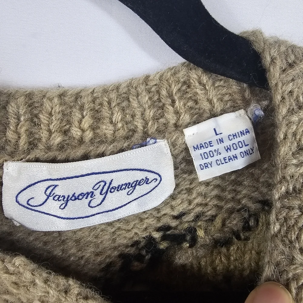 Vtg Jayson Younger Womens Wool Aztec Cardigan Sz L Tan Apron Pockets Art to Wear - Picture 7 of 10